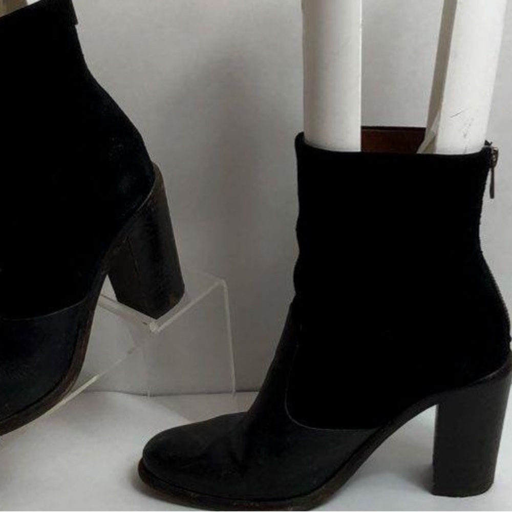 All Saints Black Leather and Suede Chunky Heeled Ankle Boots Size 39